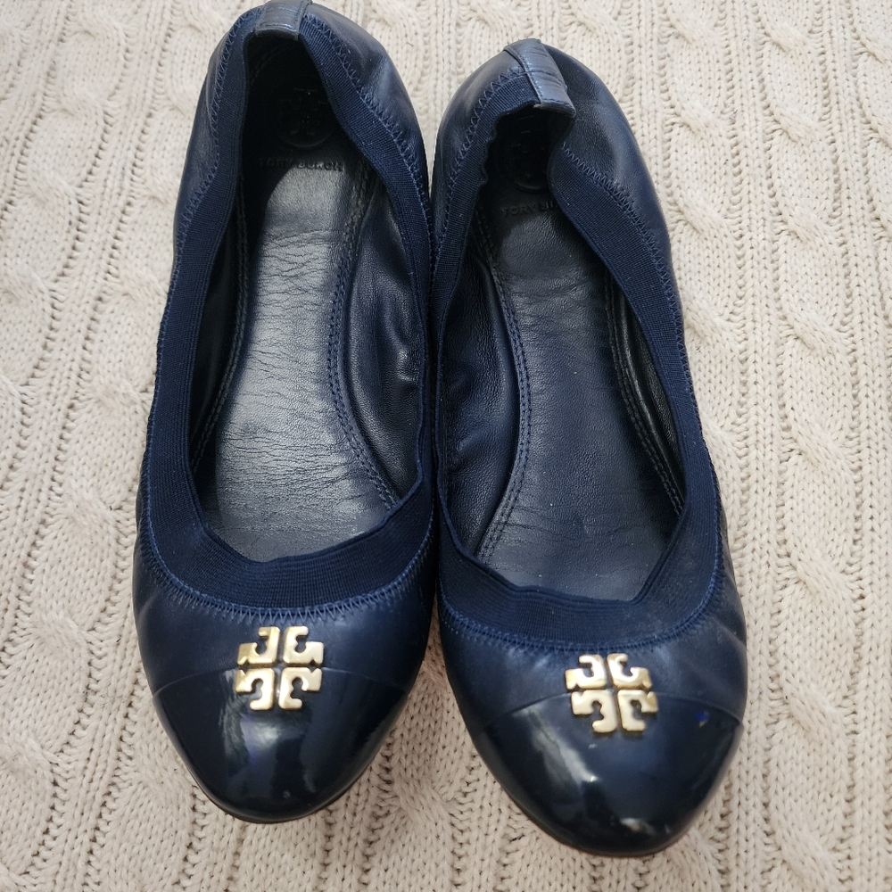 Tory Burch Black Leather Flats with Gold Logo